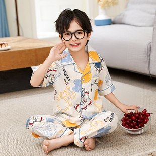 儿童睡衣男孩夏季短袖长裤云朵棉薄款卡通动漫男童宝宝家居服套装