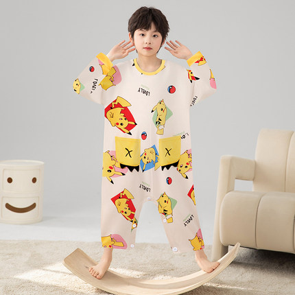 儿童连体睡衣男童宝宝春秋夏长袖薄纯棉皮卡丘男孩防踢防着凉连体