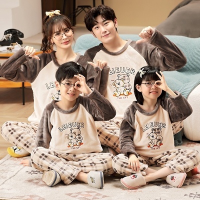 秋冬季亲子装睡衣一家三口法兰绒