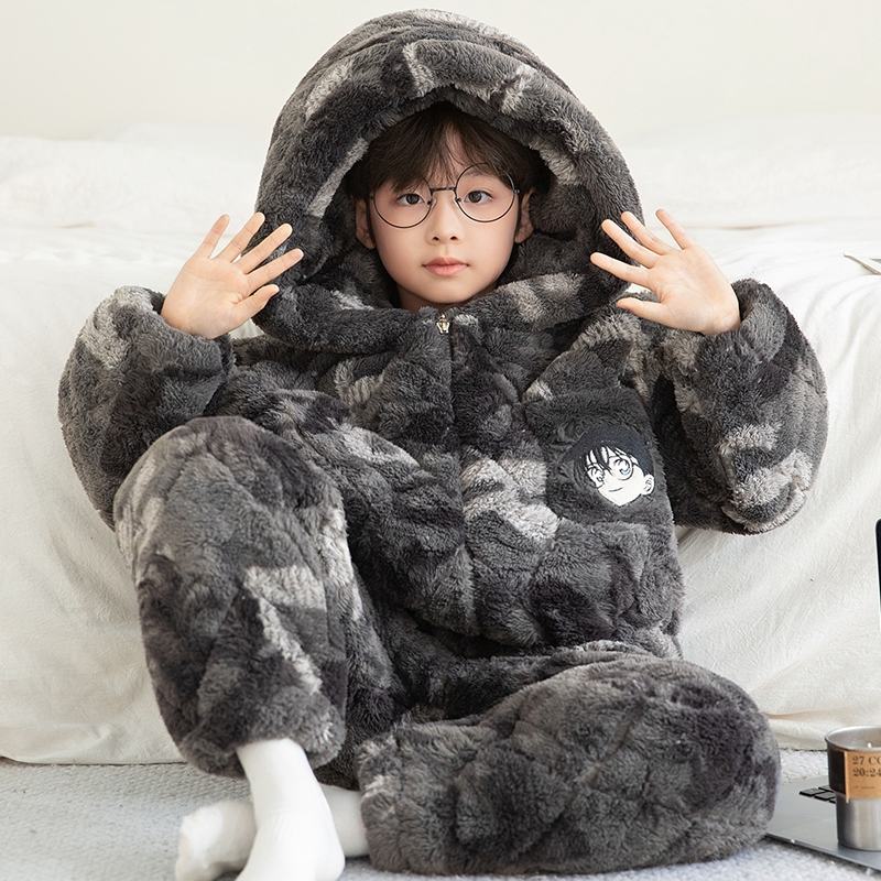 柯南男童睡衣冬季三层夹棉加厚款
