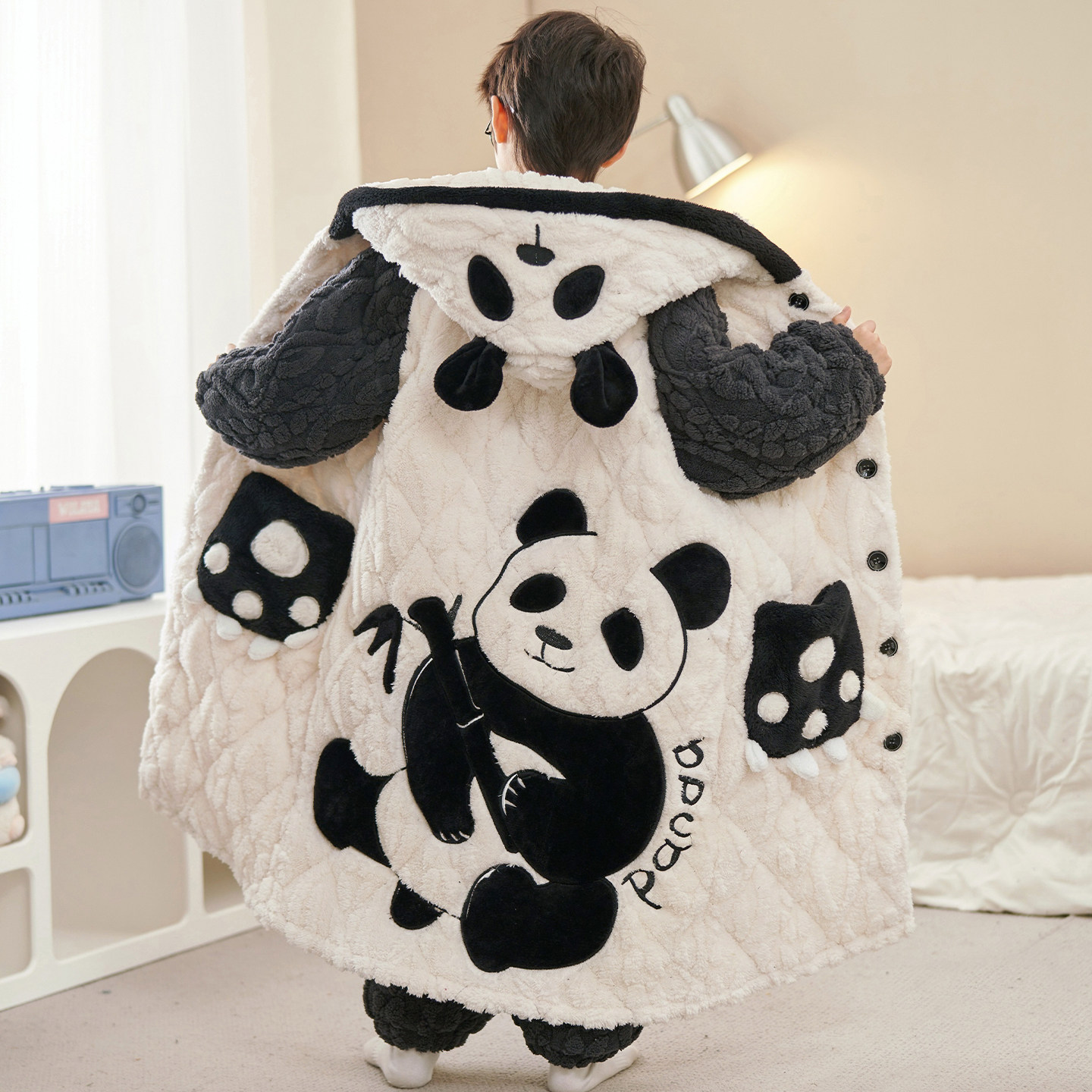 儿童睡衣男童男孩三层夹棉冬季卡通熊猫睡袍2025新款加厚款家居服