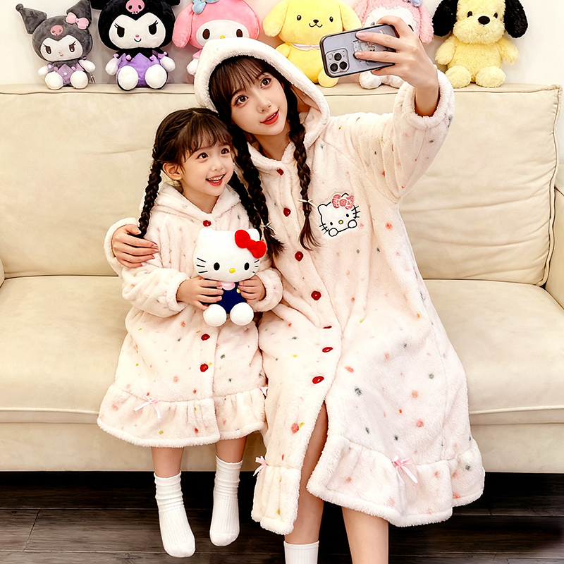冬季亲子母女装睡袍KT猫珊瑚绒