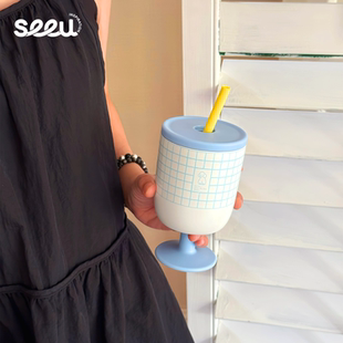 seeu克尼尼高脚保温杯316不锈钢水杯创意咖啡杯吸管杯280ml