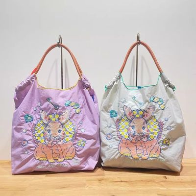 新款100%尼龙韩日龙兔刺绣布袋ball chain购物袋手提单肩斜挎包