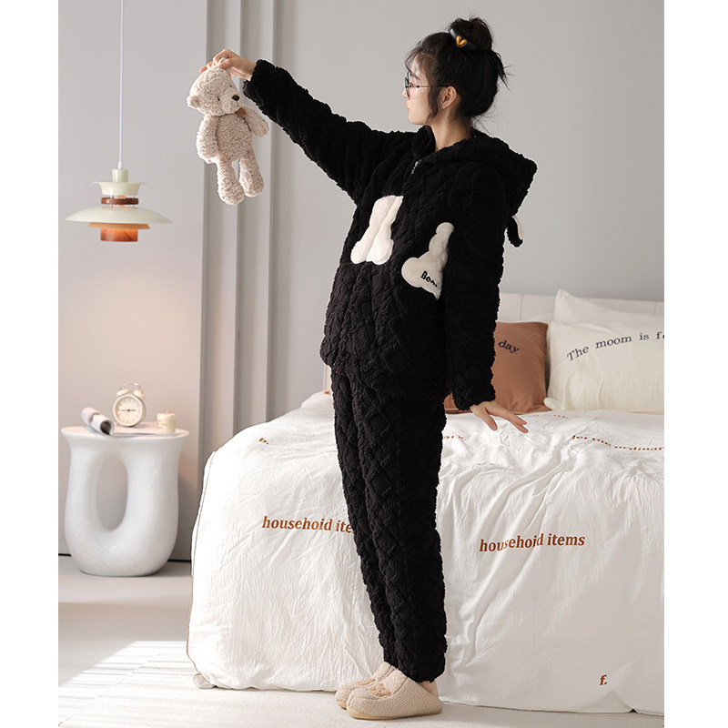 睡衣女冬季珊瑚绒加厚三层夹棉可爱家居服保暖棉袄可外穿套装新款