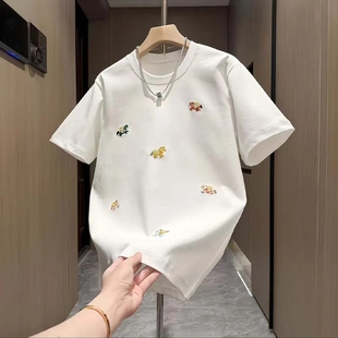 夏季潮牌休闲简约风纯棉短袖男士重磅宽松透气圆领半袖上衣T恤衫