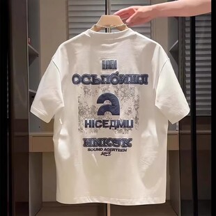 潮牌夏季 体恤百搭痞帅纯棉短袖 新款 字母印花半袖 美式 白色t恤男士