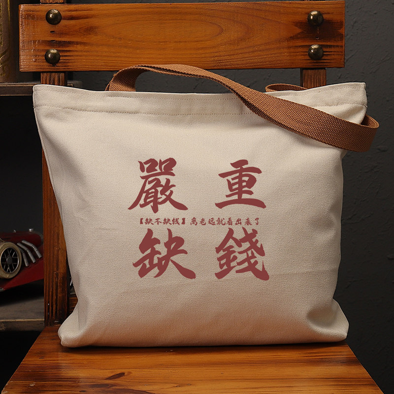 严重缺钱国潮趣味复古帆布袋女上班通勤大容量手提袋环保购物单肩