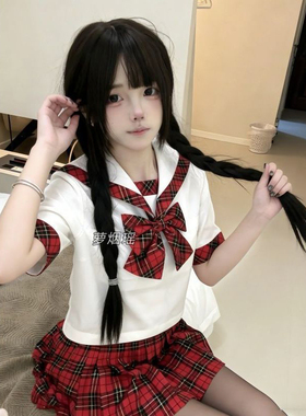 原创JK新款苏格兰红格裙学院风校供感短袖衬衫水手服一整套JK制服