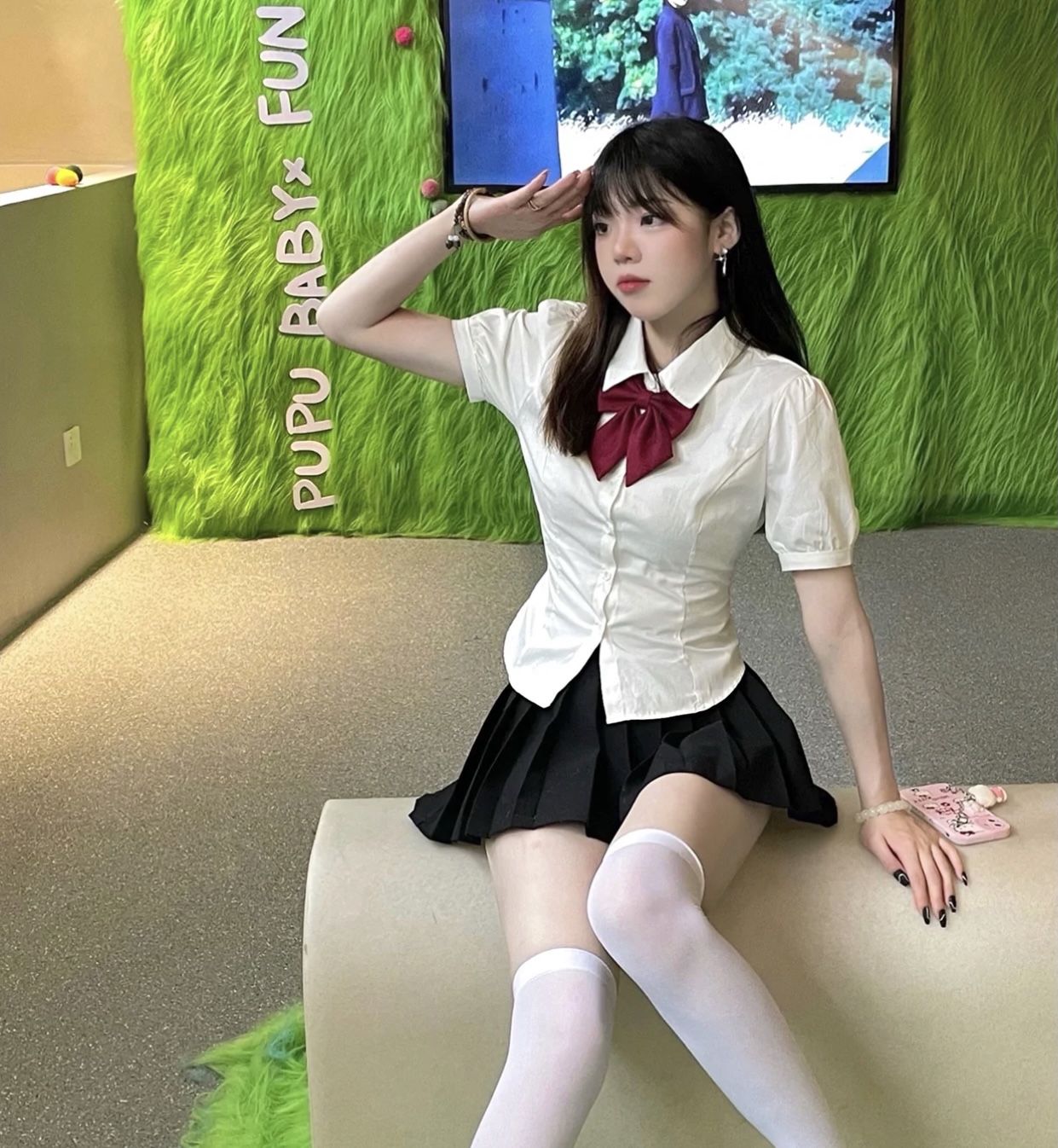 JK制服衬衫上衣女短袖原创夏季学院风收腰泡泡袖白色衬衣辣妹套装