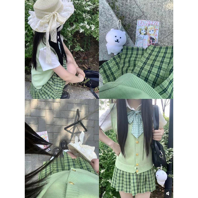 原创JK制服套装开衫青苹果绿马甲内搭衬衫百搭2025夏新款小青梅裙