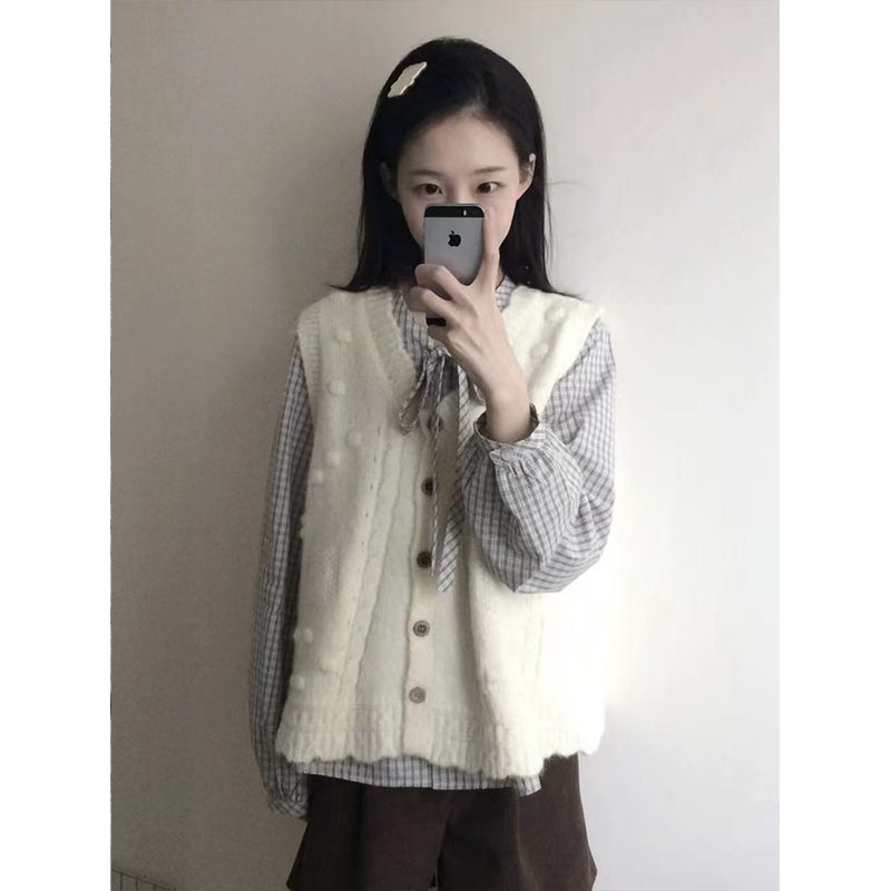 日系秋季一整套穿搭甜美学院针织开衫马甲女+蝴蝶结系带格纹衬衫