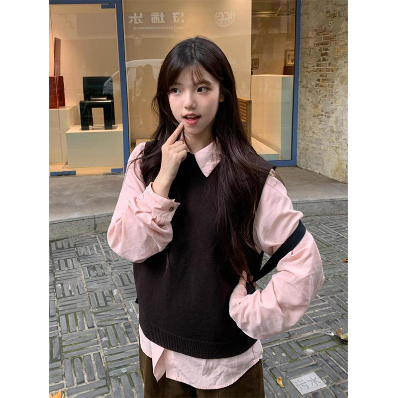 韩里韩气秋天穿搭翻领衬衫上衣女慵懒风圆领针织马甲背心两件套装