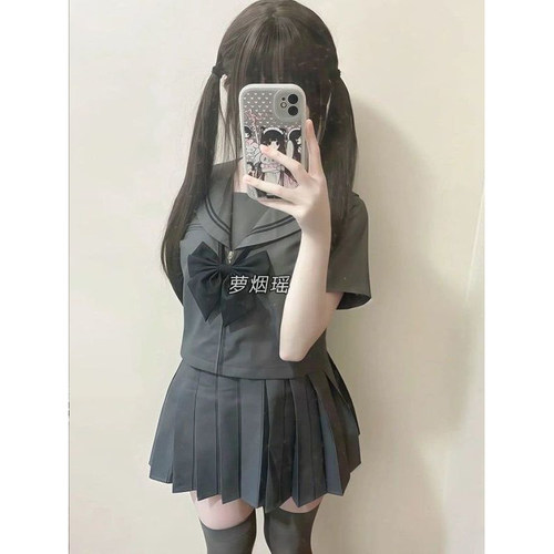 JK灰色二本套装新款学院风穿搭水手服短袖长袖衬衫制服校供感JK裙