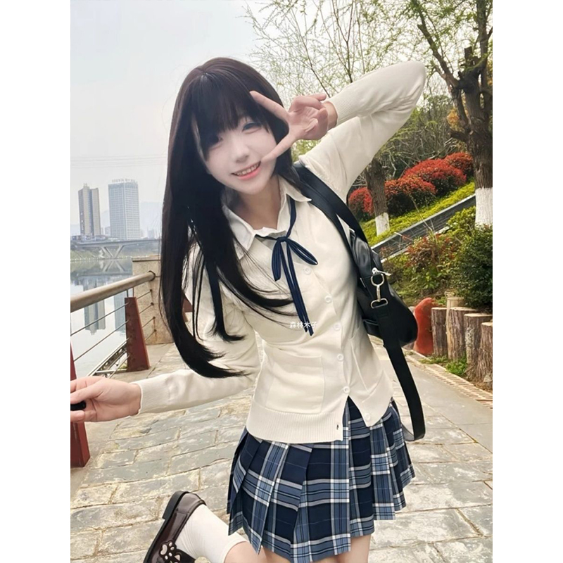 日系甜美通勤针织长袖开衫收腰显瘦叠穿衬衫校供JK小田绫格裙套装