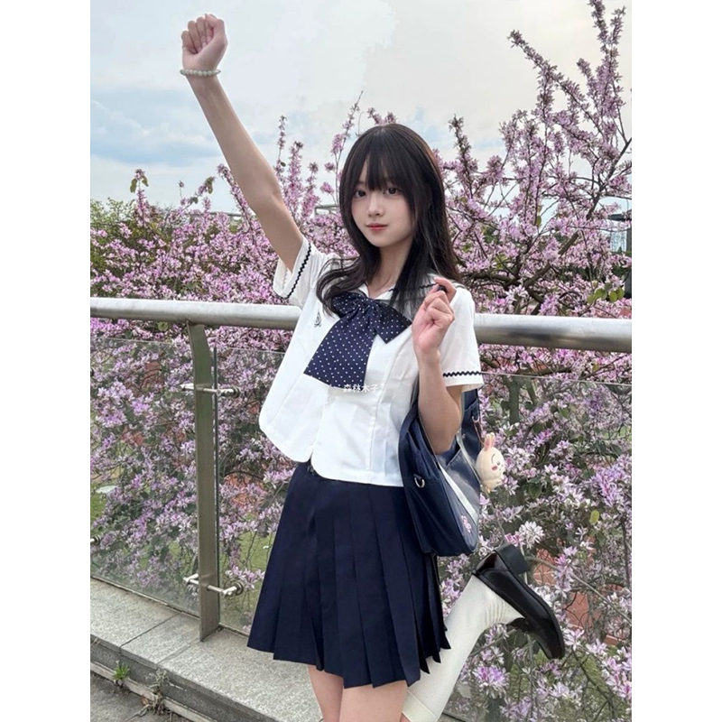 原创JK制服中山道线水手服JK制服收腰显瘦白色娃娃领纯色JK裙套装