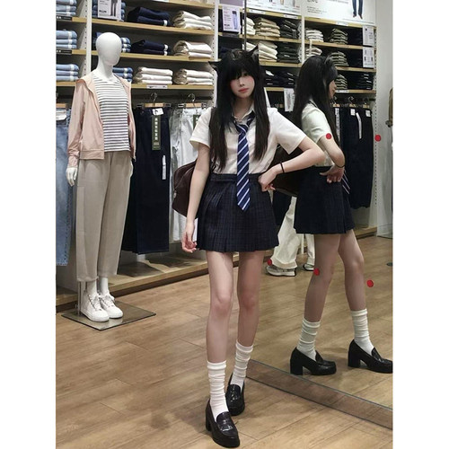 JK制服白色衬衫宽松短袖学院风百搭凛凛JK格裙原创校供夏款整套装