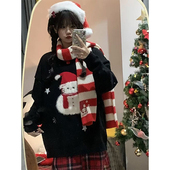 甜美日系圣诞雪人复古提花毛衣秋冬新款 学生毛茸茸宽松针织衫 上衣