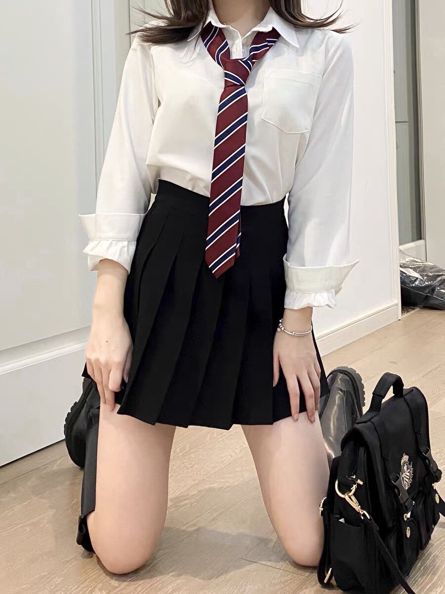 COLLEGE STYLE TIE WHITE SHIRT WOMENS SPRING AND AUTUMN NEW LONG SLEEVE LOOSE SHIRT PLEATED SKIRT JK UNIFORM SUIT TIDE