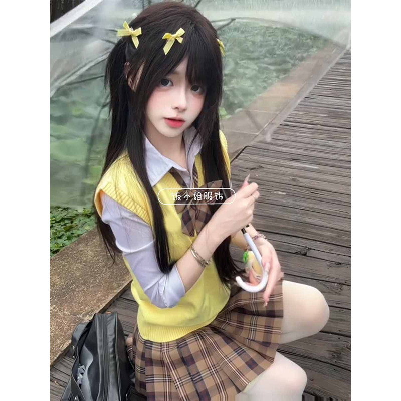 小棕/日系jk制服原创正版黄色马甲背心校供感叠穿长袖格裙套装女