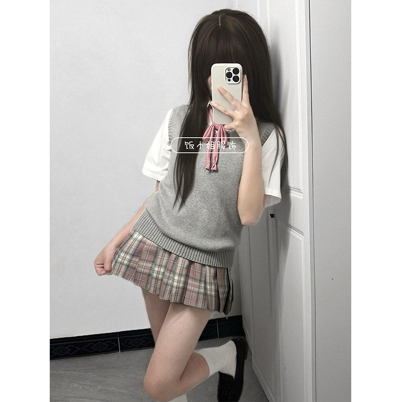 日系JK制服针织衫樱花妹穿搭无袖马甲背心百搭套头毛衣jk短裙套装