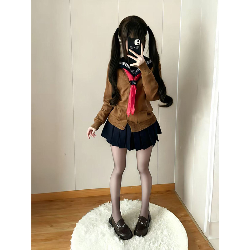 JK制服原创水手服针织开衫棕色学院风上衣毛衣长袖校供感秋冬套装