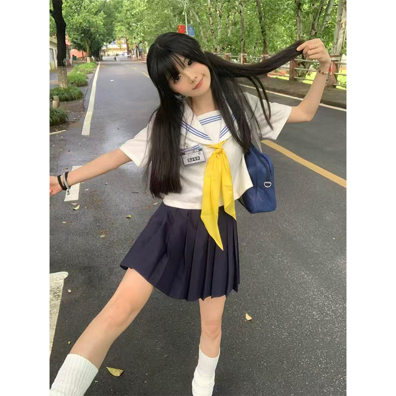 原创水手服jk制服海军领白领蓝三本基础款上衣JK短裙学院风一整套