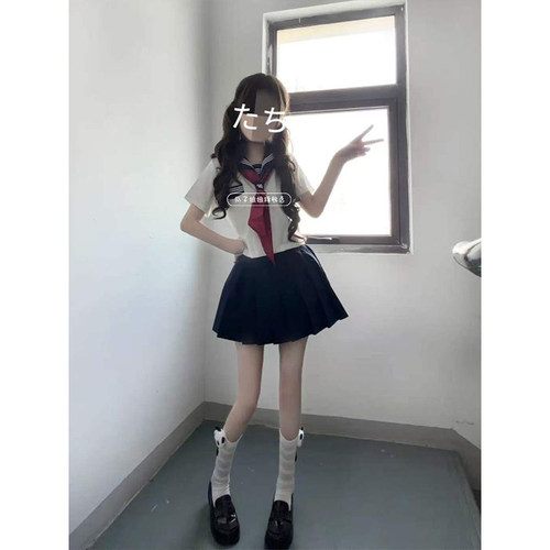 日系正版JK制服正统白三本短袖水手服叠穿绀色百褶裙软妹套装女