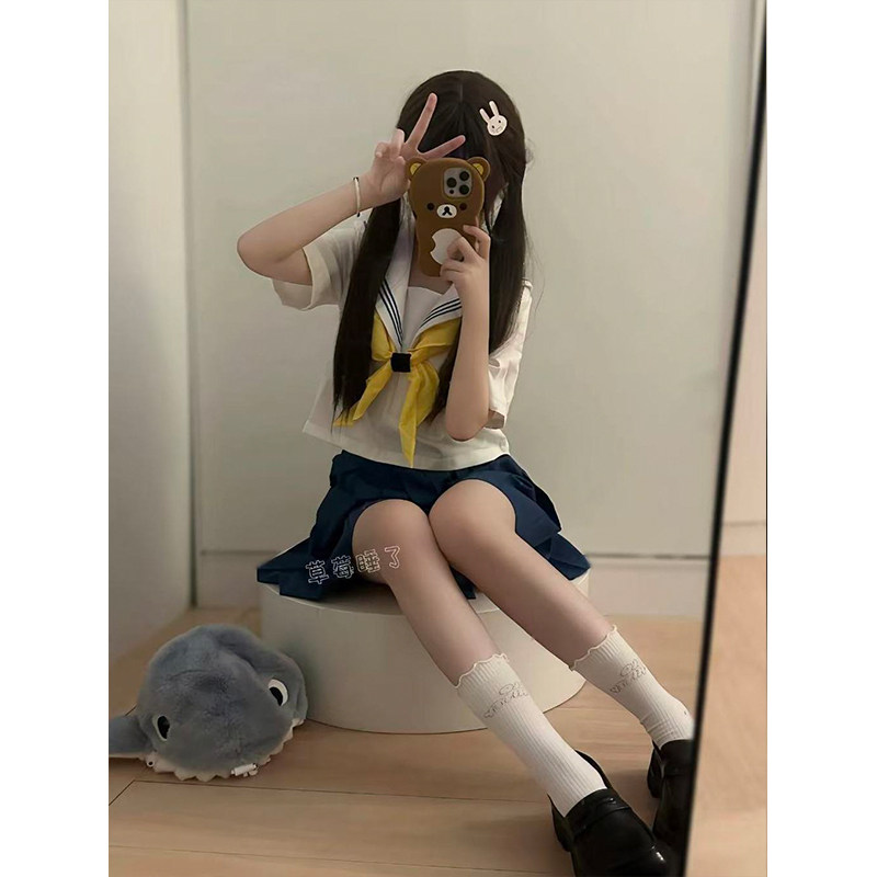 原创白领蓝三本水手服中间服甜美清新学院风校供感JK制服套装潮