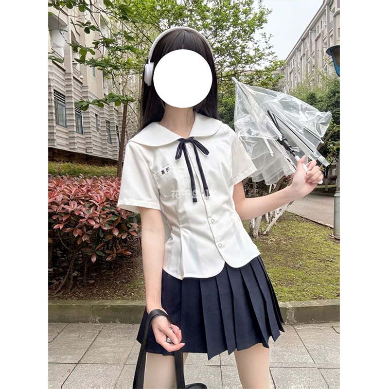 原创娃娃领JK制服2025夏季新款短袖刺绣白色上衣收腰显瘦套装JK裙