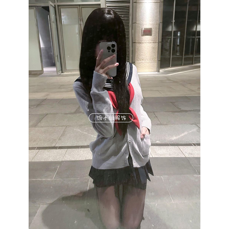 JK制服针织衫原创薄款开衫长袖毛衣外套春秋款三本水手服短裙套装