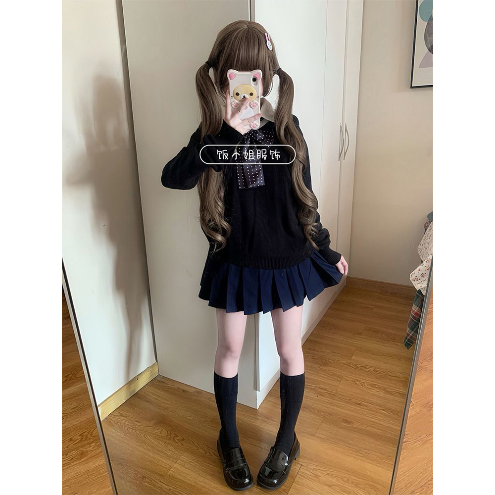 学院风JK制服针织衫v领套头毛衣长袖漫感叠穿jk格裙套装基础款女