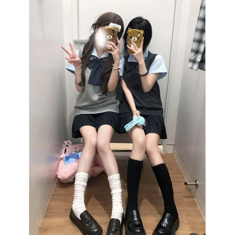JK制服原创套装甜美学院风V领针织马甲背心jk海苔百褶裙一整套装