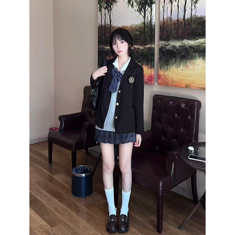 JK正版原创校供绀西装制服学院叠穿秋冬款叠穿针织开衫短裙套装女