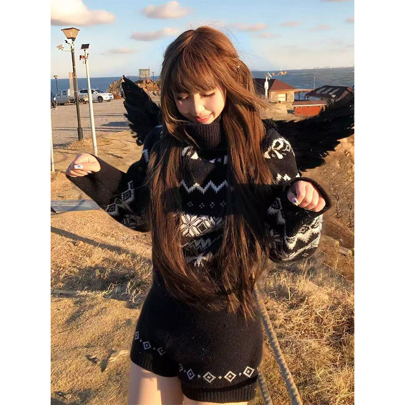 辣妹慵懒风黑色高领蝴蝶结提花长袖毛衣女秋冬季针织短裤两件套装,女装/女士精品,时尚套装,淘宝优惠券,粉丝福利购,淘宝优惠卷