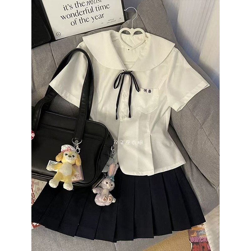 套装jk制服白色娃娃领短袖收腰衬衫女日系新款学院百褶裙短裙夏季