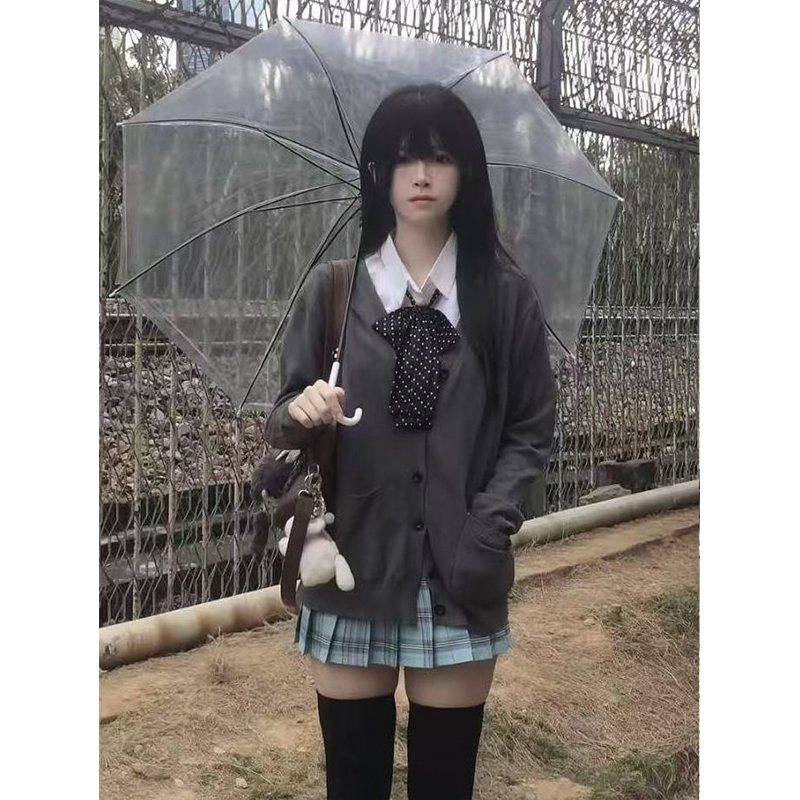 原创正版JK制服针织衫薄款开衫毛衣v领外套慵懒长袖上衣格裙套装