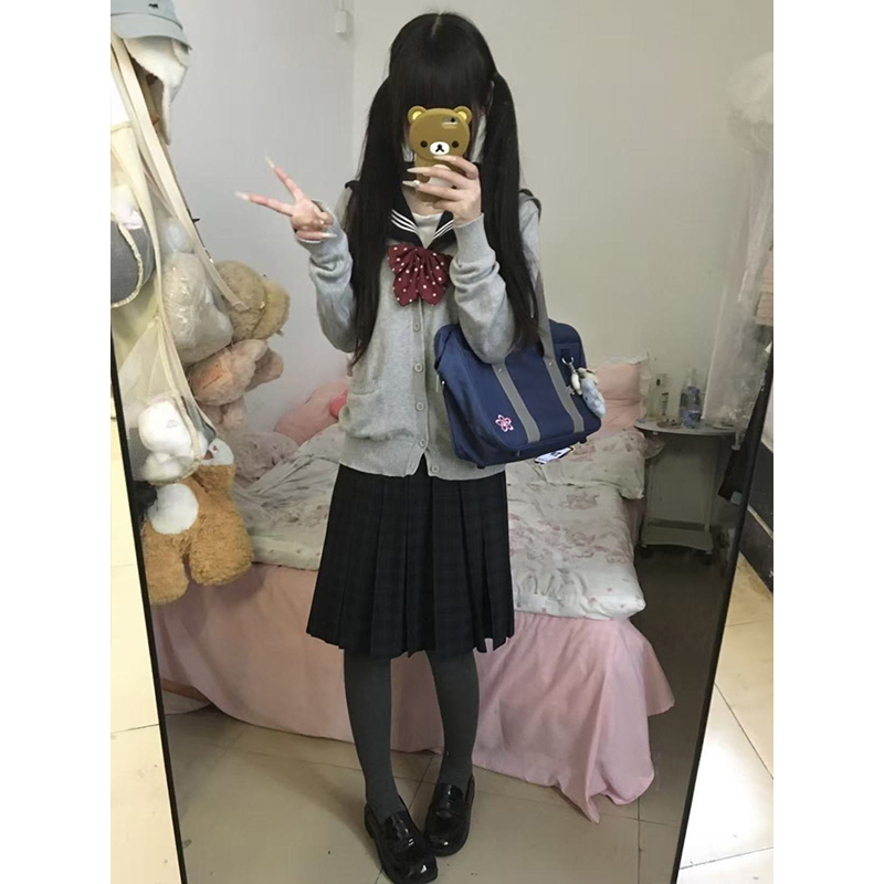 日系秋冬款校供JK制服针织开衫学院风穿搭叠穿水手服海苔中裙套装