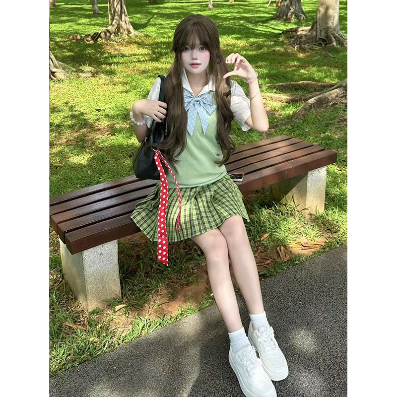 JK制服套装V领针织背心马甲叠穿白衬衫学院风小青梅裙整套校供感