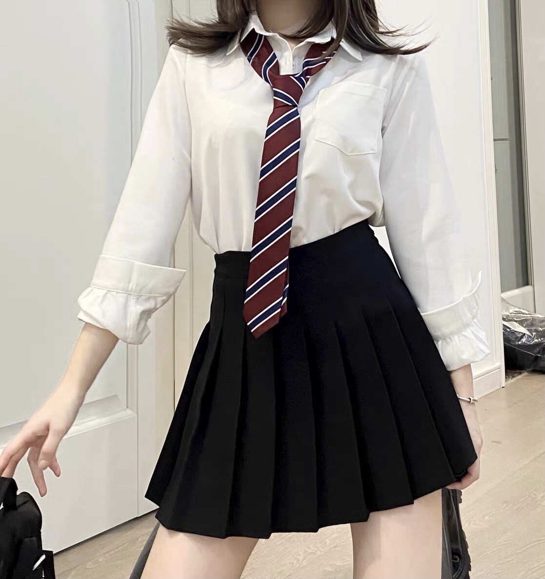 COLLEGE STYLE TIE WHITE SHIRT WOMENS SPRING AND AUTUMN NEW LONG SLEEVE LOOSE SHIRT PLEATED SKIRT JK UNIFORM SUIT TIDE