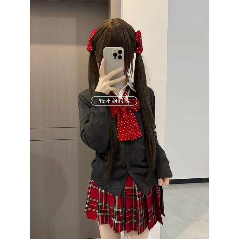 小辣椒JK穿搭日系学院风针织开衫套装甜美清新可爱毛衣衬衫格裙女