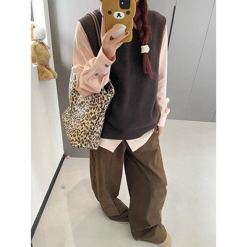 学院甜美复古时尚圆领针织马甲背心女秋季百搭粉色长袖衬衫两件套