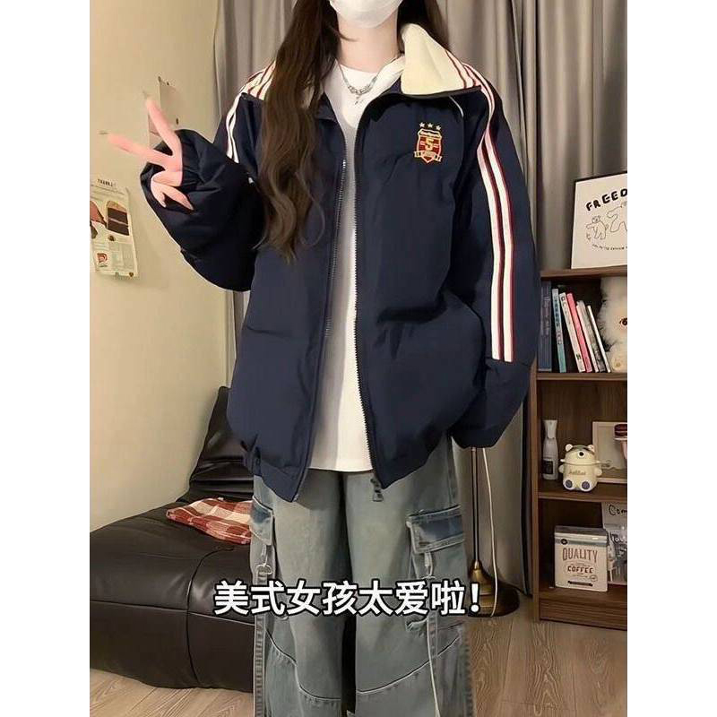 韩系慵懒风翻领徽章刺绣棉服外套女冬季新款条纹撞色宽松防寒棉袄