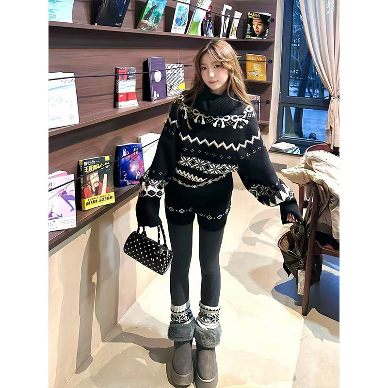 冬日暖阳感费尔岛高领黑色套头毛衣上衣女+高腰针织短裤两件/套装,女装/女士精品,时尚套装,淘宝优惠券,粉丝福利购,淘宝优惠卷