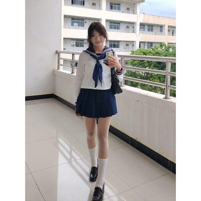 日系校供绀色绀三本中间服夏服收腰长袖水手服jk制服套装原创正版