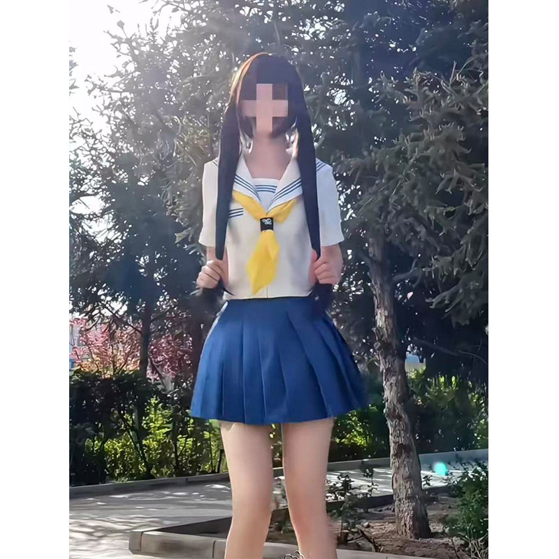 原创日系JK制服海军领白领蓝三本短袖水手服搭配蓝色百褶裙套装女