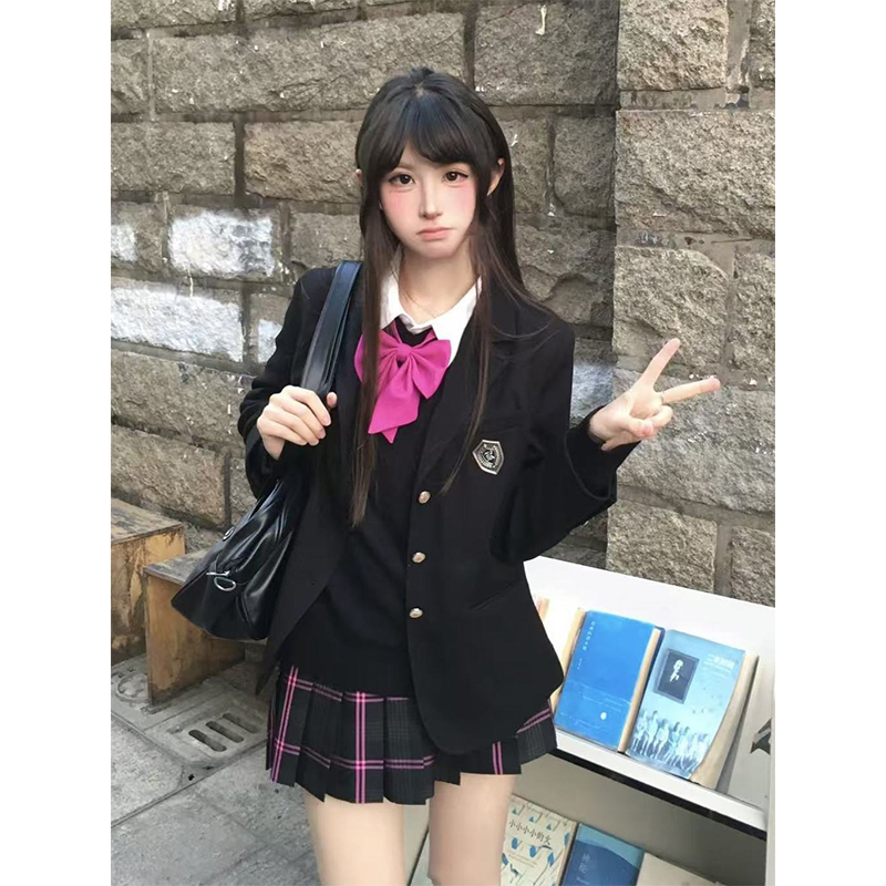原创正版JK制服套装秋冬学院风校供长袖v领套头毛衣黑色上衣格裙