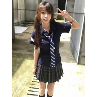 夏季JK制服套装正肩基础款绀色POLO衫校供运动百搭上衣烟灰JK短裙
