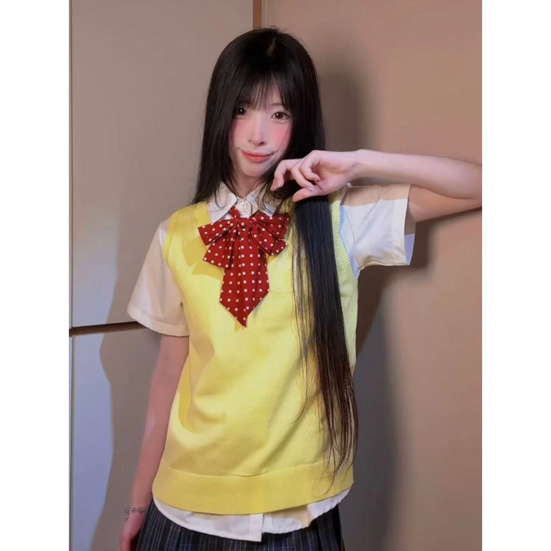 JK制服V领针织衫马甲背心学院风叠穿上衣短袖衬衫校供感原创穿搭