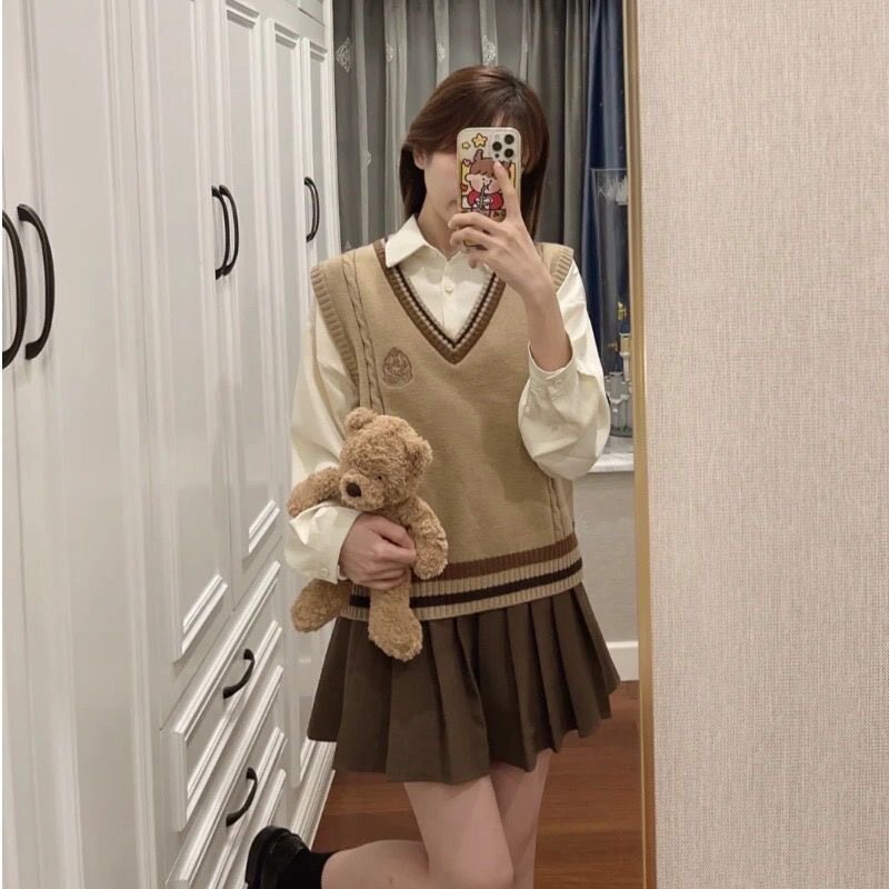 三件套装/单件学院风马甲背心盐甜针织毛衣女学生上衣衬衫+百褶裙
